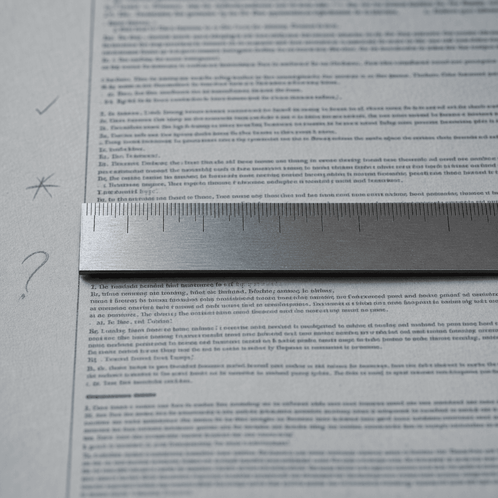 A printed study document with a steel rule laid across the text